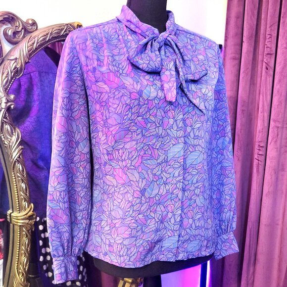 Vintage Lavender and Periwinkle Leaves Top Size M - Picture 1 of 7